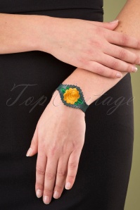 Urban Hippies - 70s Peony Leather Bracelet in Pine Green and Yellow