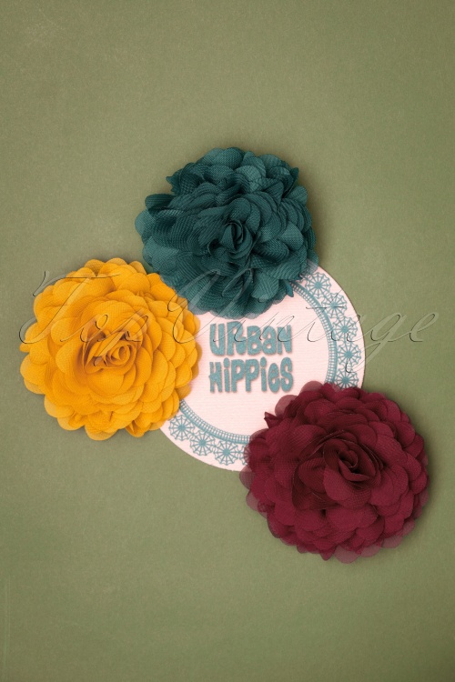 Urban Hippies - Hair Flowers Set Années 70 en Grenadine, Miel et Bleu Canard