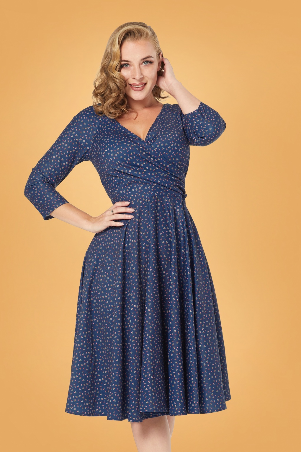 50s Lottie Cherry Swing Dress in Blue