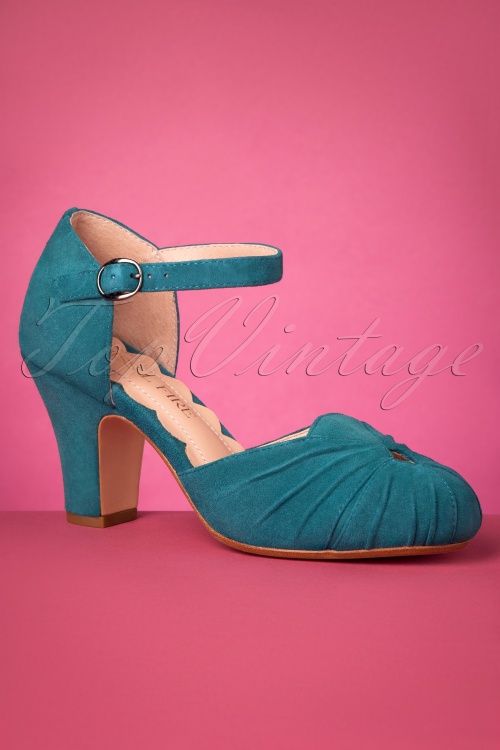Miss L-Fire - 40s Amber Suede Mary Jane Pumps in Teal 3