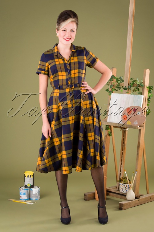 Collectif ♥ Topvintage - Caterina Library geruite swing jurk in mosterdgeel 2