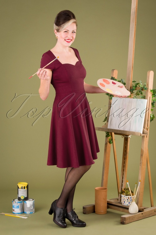 Collectif ♥ Topvintage - Kristy effen swing jurk in wijnrood 2