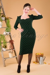 Collectif ♥ Topvintage - 50s Vanessa Polka Flock Pencil Dress in Green 2