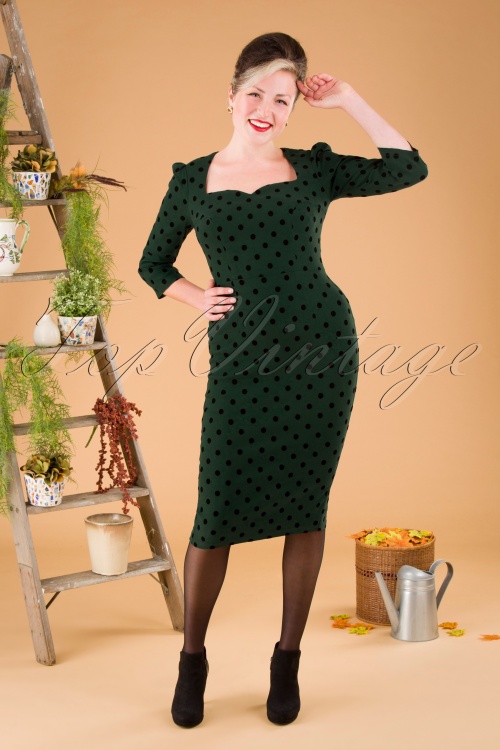 Collectif ♥ Topvintage - Vanessa Polka Flock pencil jurk in groen 2