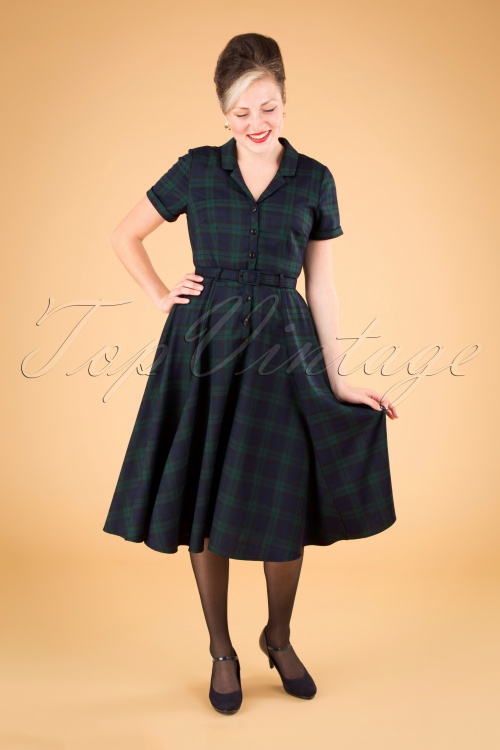 Collectif Clothing - 50s Caterina Blackwatch Check Swing Dress in Blue and Green