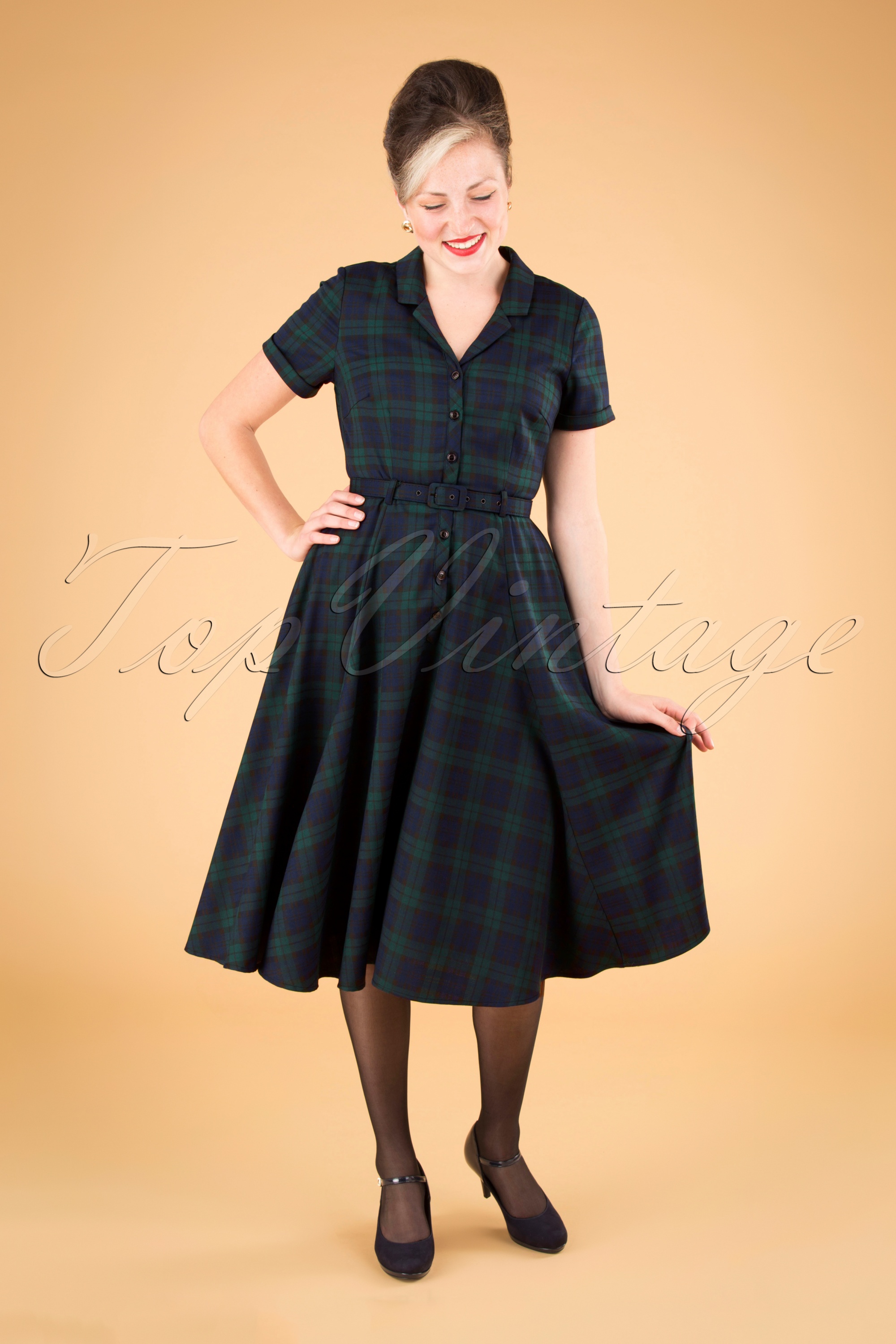 Collectif Clothing 50s Caterina Blackwatch Check Swing Dress in Blue and Green Shop at Topvintage