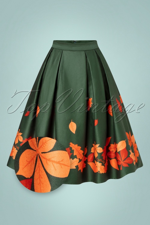 Collectif Clothing - Marilu Border Leaves swing rok in groen 2