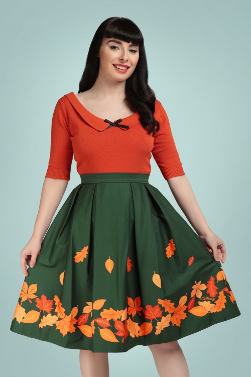 Collectif Clothing - Marilu Border Leaves Swing Skirt Années 50 en Vert