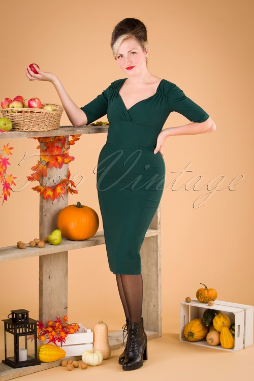 Collectif ♥ Topvintage - Trixie Pencil Dress Années 50 en Vert Canard 2