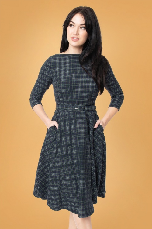 Unique Vintage - 50s Devon Check Swing Dress in Navy and Green