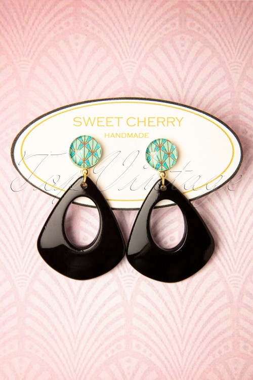 Sweet Cherry - Artsy Art Deco Drop Earrings Années 50 en Menthe et Noir