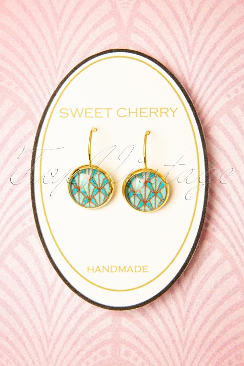 Sweet Cherry - 50s Artsy Art Deco Drop Earrings in Mint and Black
