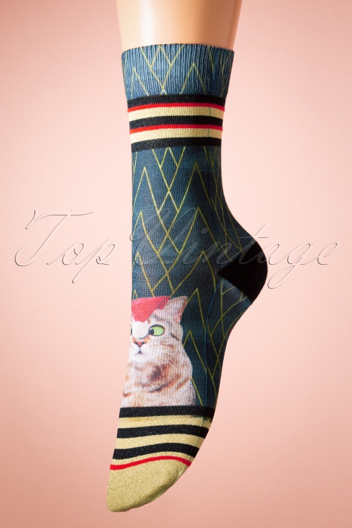XPOOOS - Happy Catmas sokken in teal 2