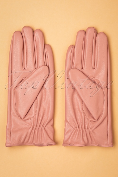 Unique Vintage - 50s Faux Leather Bow Gloves in Matte Pink 3