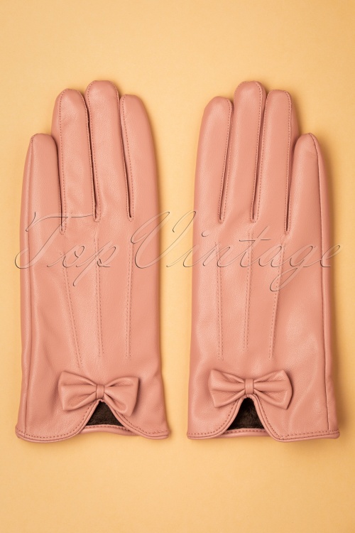 Unique Vintage - 50s Faux Leather Bow Gloves in Matte Pink