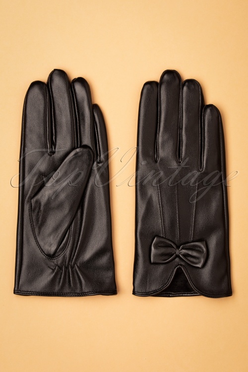 Unique Vintage - 50s Faux Leather Bow Gloves in Matte Black