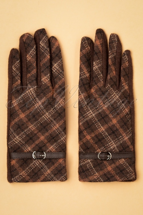 Unique Vintage - Handschoenen met gesp in bruine ruit