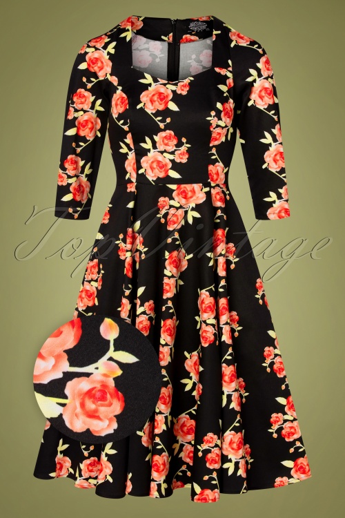 Hearts & Roses - 50s Hailey Floral Swing Dress in Black 2