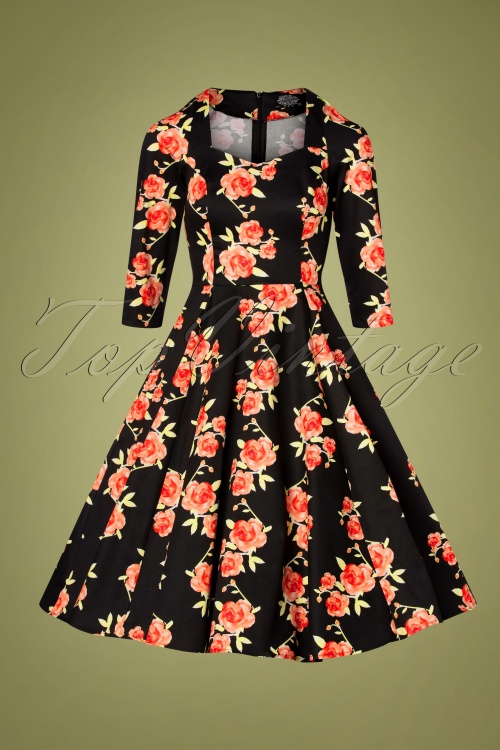 Hearts & Roses - 50s Hailey Floral Swing Dress in Black 3