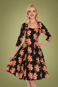Hearts & Roses - Hailey Floral Swing Dress Années 50 en Noir