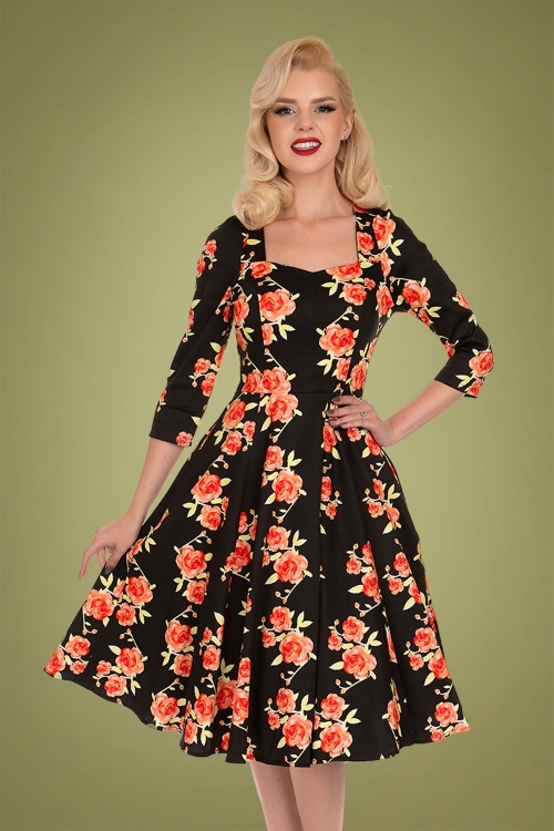 Hearts & Roses - Hailey Floral Swing Dress Années 50 en Noir
