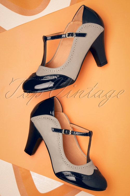 Banned Retro - 50s Diva Blues T-Strap Pumps in Navy and Grey 2