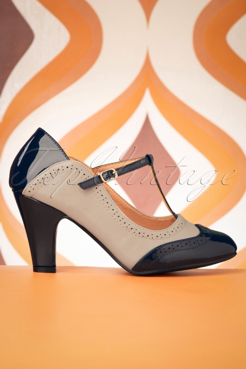 Banned Retro - 50s Diva Blues T-Strap Pumps in Navy and Grey 4
