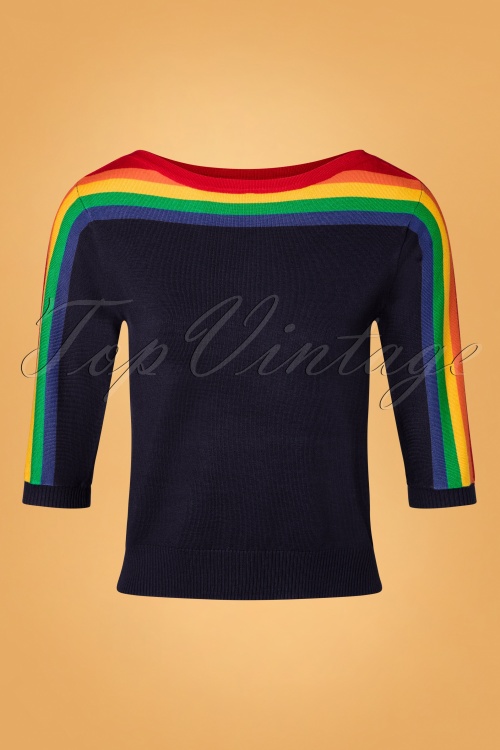 Collectif Clothing - 60s Rina Rainbow Knitted Top in Navy 2