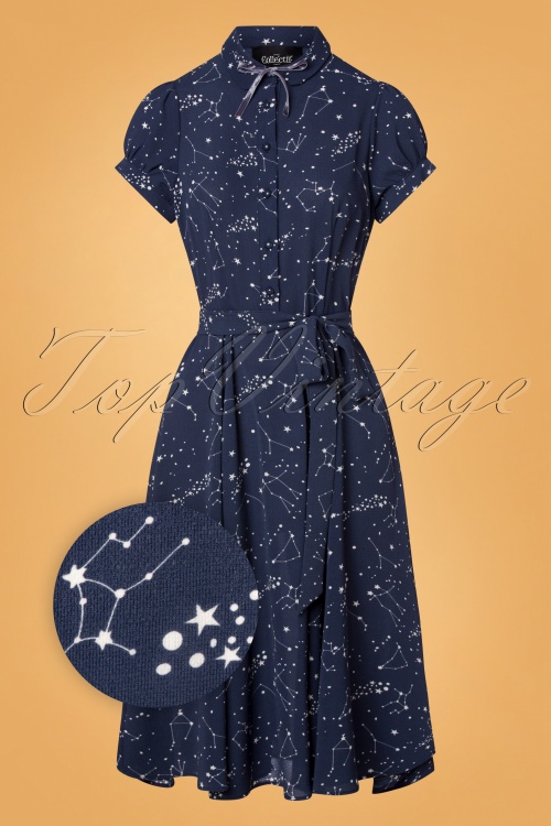 Collectif Clothing - 40s Mary Grace Zodiac Constellation Swing Dress in Blue