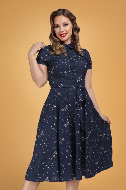 Collectif Clothing - Mary Grace Zodiac Constellation Swing Dress Années 40 en Bleu 2