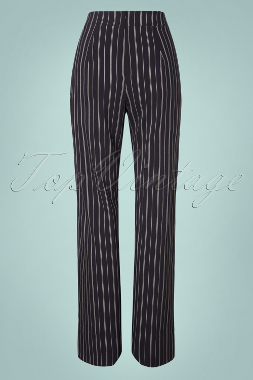 Vintage Chic for Topvintage - Viola wijde broek met krijtstreep in marineblauw en wit 3