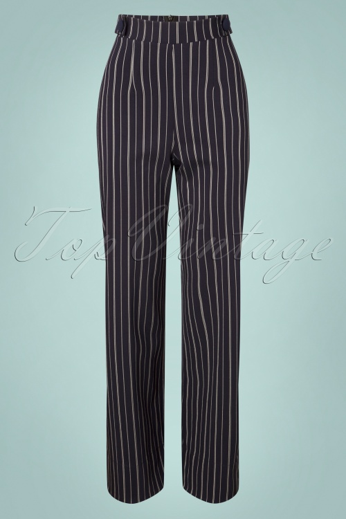 Vintage Chic for Topvintage - Viola Wide Pinstripe Trousers Années 40 en Bleu Marine et Blanc