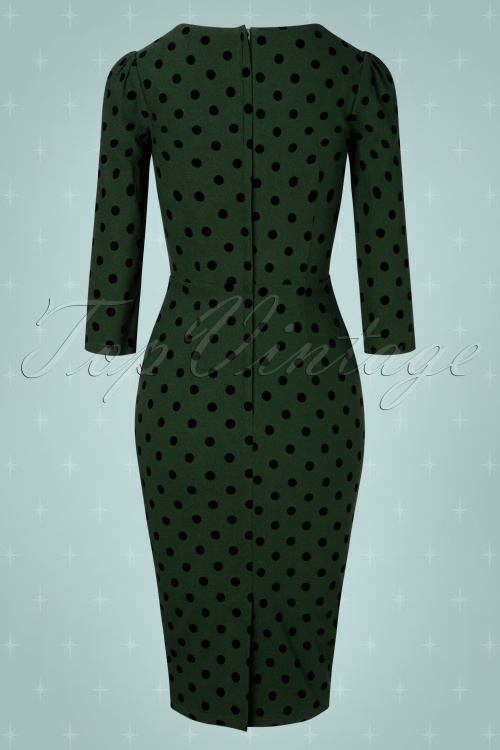 Collectif ♥ Topvintage - 50s Vanessa Polka Flock Pencil Dress in Green 3