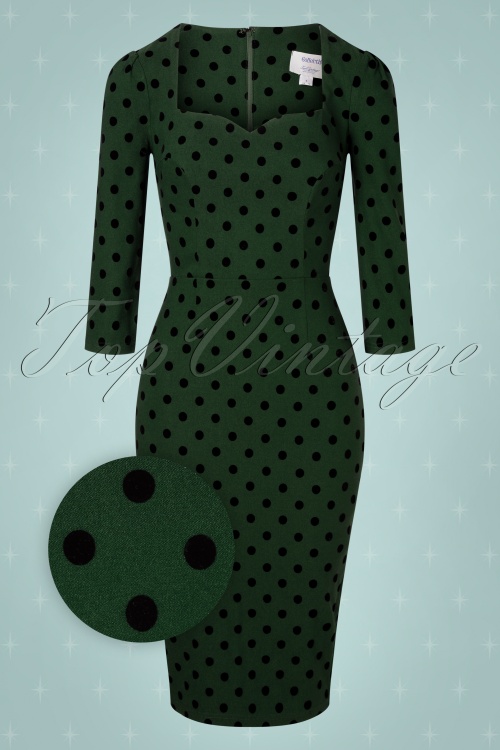 Collectif ♥ Topvintage - 50s Vanessa Polka Flock Pencil Dress in Green