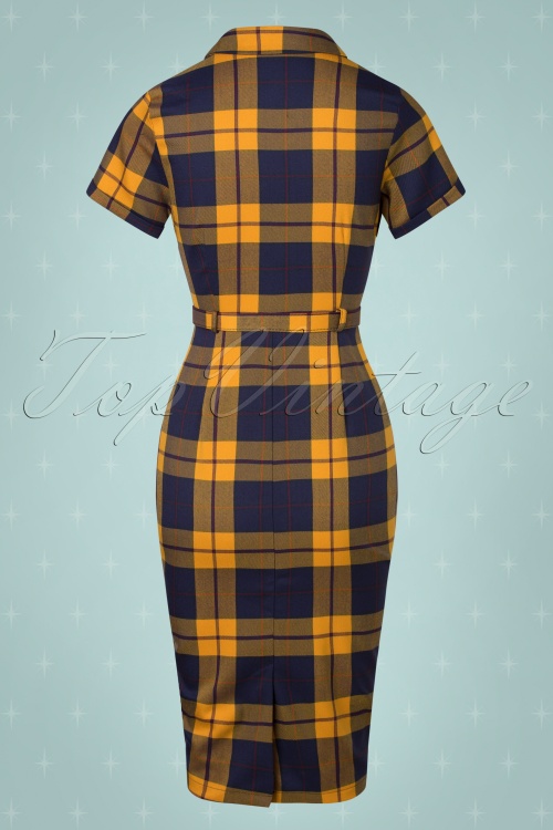 Collectif ♥ Topvintage - Caterina Library geruite pencil jurk in mosterdgeel 6