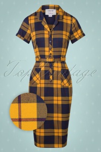 Collectif ♥ Topvintage - Caterina Library geruite pencil jurk in mosterdgeel