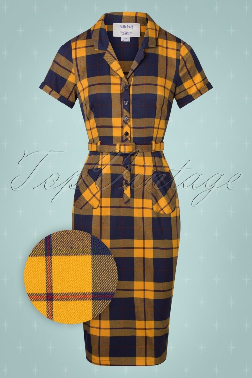 Collectif ♥ Topvintage - Caterina Library geruite pencil jurk in mosterdgeel