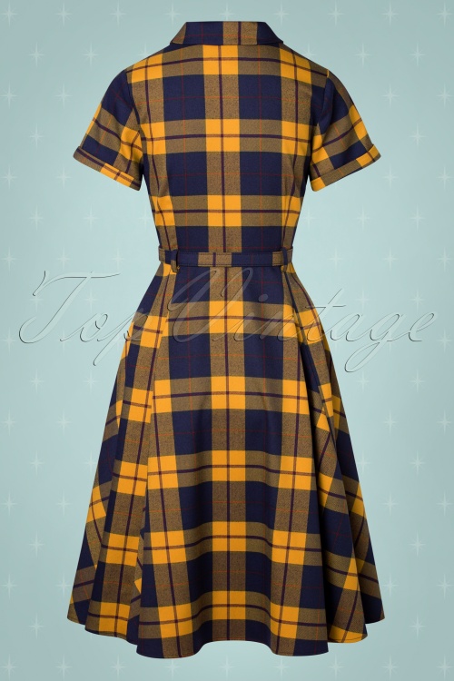 Collectif ♥ Topvintage - Caterina Library geruite swing jurk in mosterdgeel 6