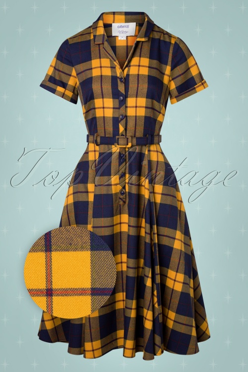 Collectif ♥ Topvintage - Caterina Library geruite swing jurk in mosterdgeel