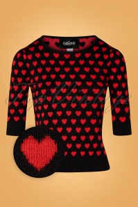 Collectif Clothing - Chrissie Knitted Heart Top Années 50 en Noir et Rouge