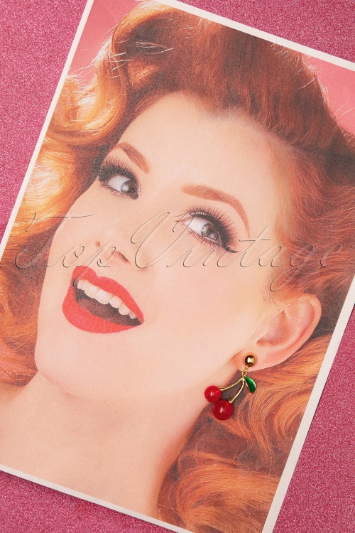Glitz-o-Matic - Cherry Perfect Earrings Années 50 en Rouge et Doré 2