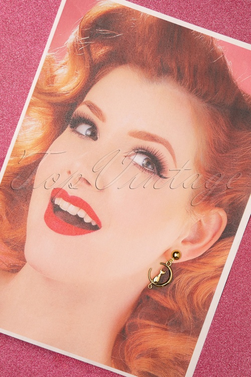 Glitz-o-Matic - 50s Cat On The Moon Earrings in Gold 2
