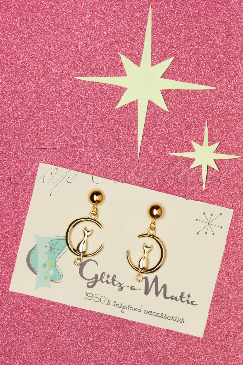 Glitz-o-Matic - 50s Cat On The Moon Earrings in Gold 2