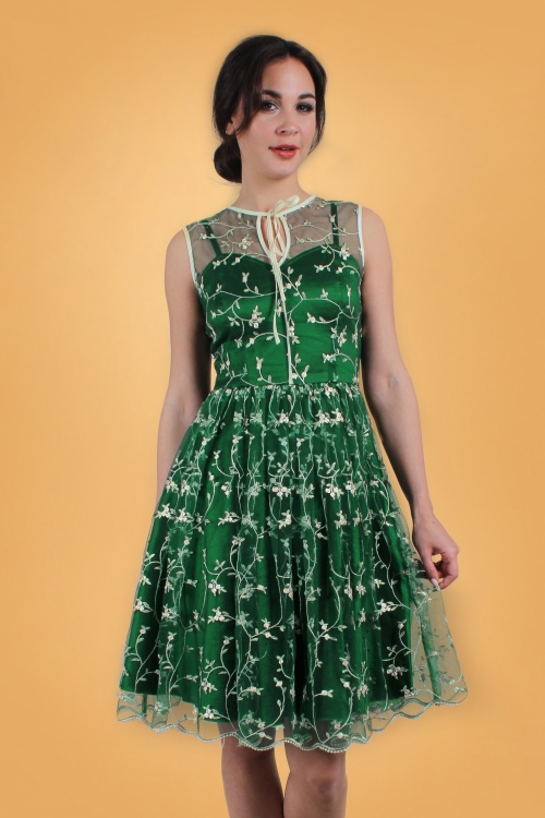 Vixen - 50s Tallulah Tulle Floral Swing Dress in Green