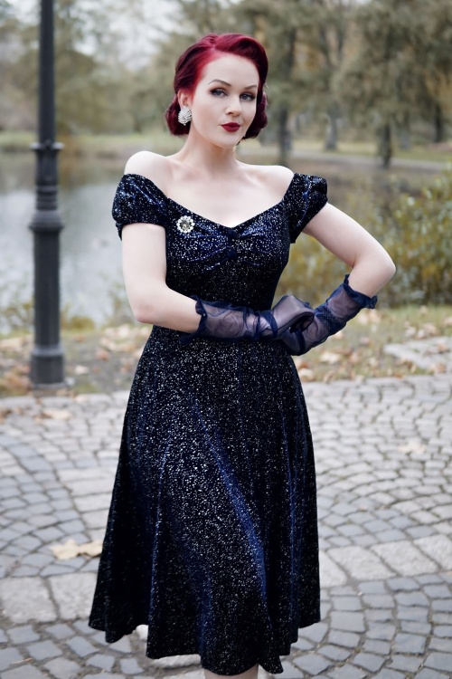 Collectif Loves Topvintage 36431 Swingdress Navy Glitter Drops Dolores 201113 033i