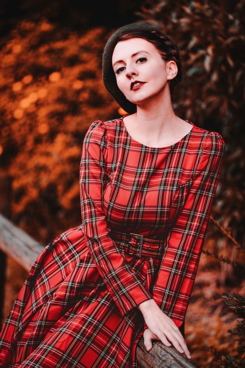Hearts & Roses - 50s Highland Swing Dress in Red Tartan 