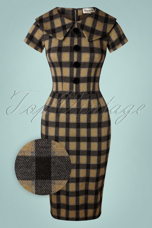 Tatyana - 50s Rita Check Pencil Dress in Beige and Black 2