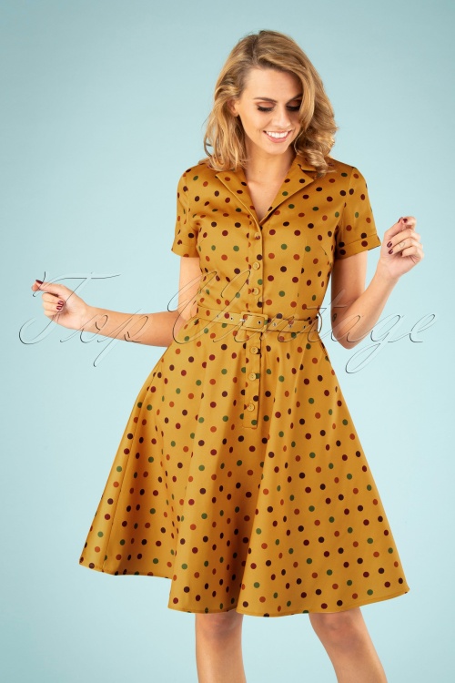 Vixen - 40s Diana Polkadot Swing Dress in Mustard