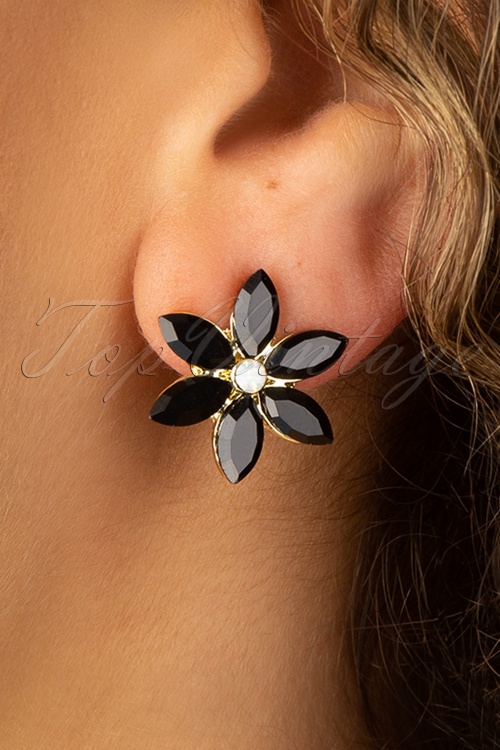 Topvintage Boutique Collection - 50s Flower Earstuds in Black 