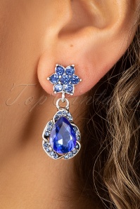 Topvintage Boutique Collection - Flower Stone Drop Earrings Années 50 en Argenté et Bleu